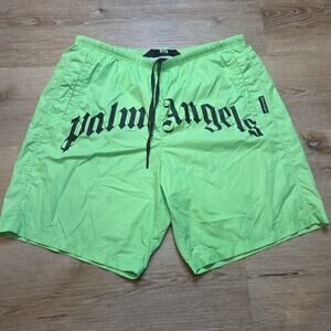 Palm Angels Mens M Neon Green Curved Gothic Logo Swim Shorts Trunks SS21